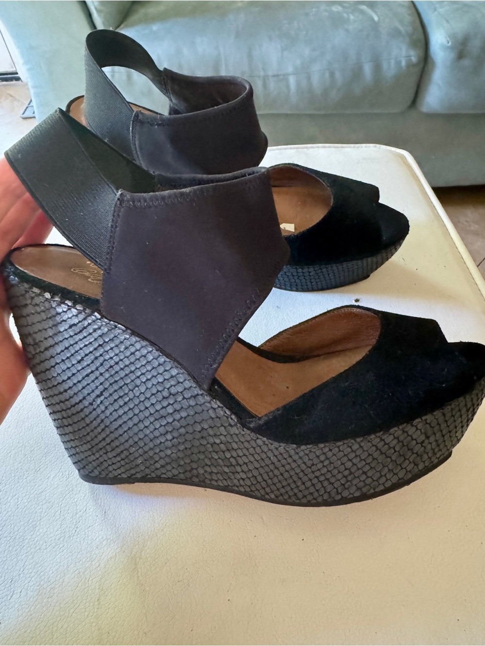 Donald J. Pliner Black Suede Wedge Peep-Toe Sandals Elastic ankle strap women’s